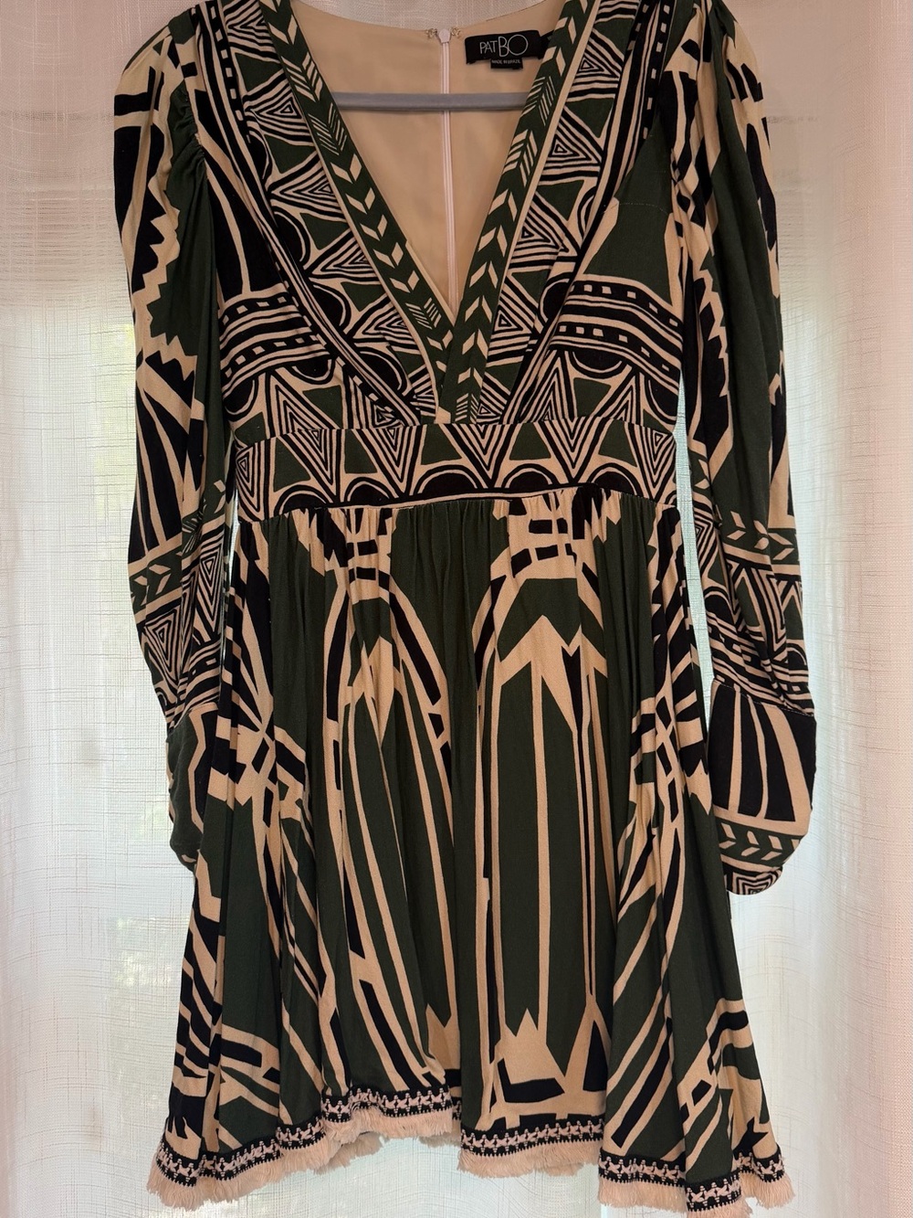 PatBO Olive Green and Cream Geometric V-Neck Long Sleeve Dress